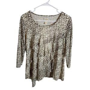 Chicos‎ Womens Long Sleeve Printed Tunic Top Size 1 Beige Brown Geometric